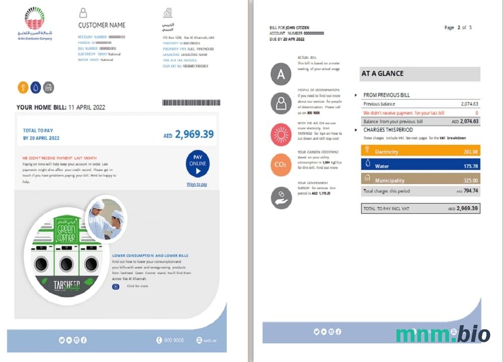 UAE Ras Al Khaimah Al Ain Distribution Co. Szablon rachunku za media Word i PDF (5 stron) 1 2
